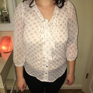 Tie neck, white sheer polka dot button up shirt